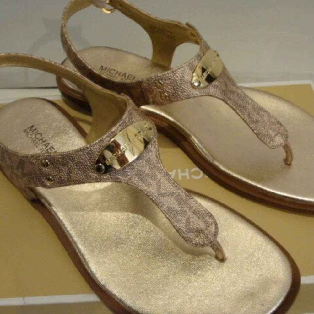 Michael Kors MK Plate Signature Logo Metallic Gold Sandals
